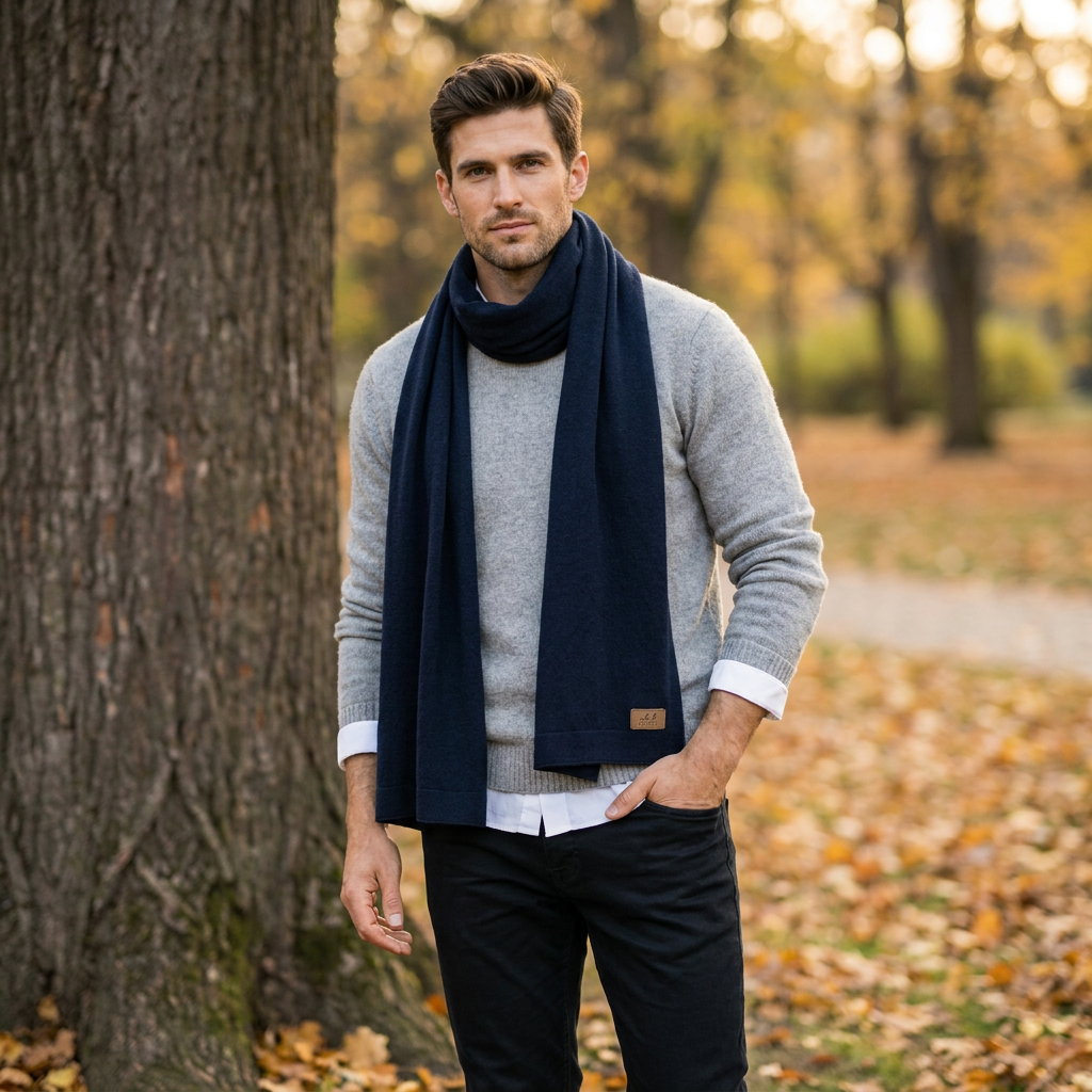 Knitted wide minimalist 100% merino wool scarf - dark blue
