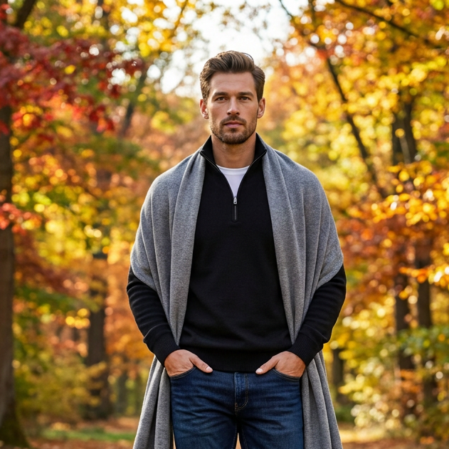 Knitted wide minimalist 100% merino wool scarf - gray