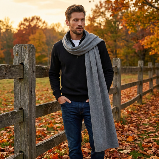 Knitted wide minimalist 100% merino wool scarf - gray