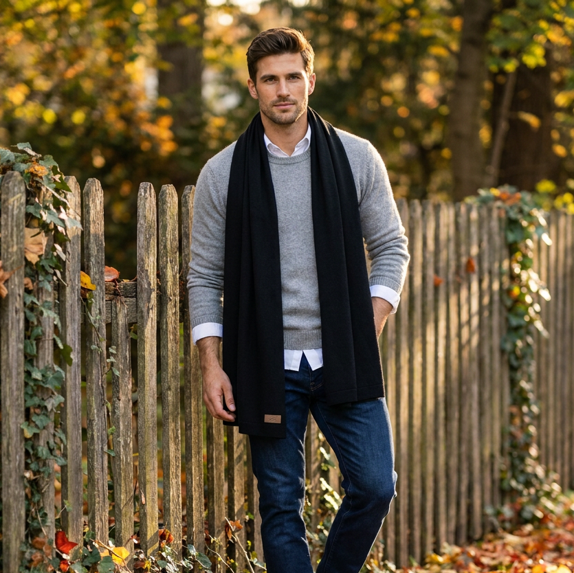 Knitted wide minimalist 100% merino wool scarf - black