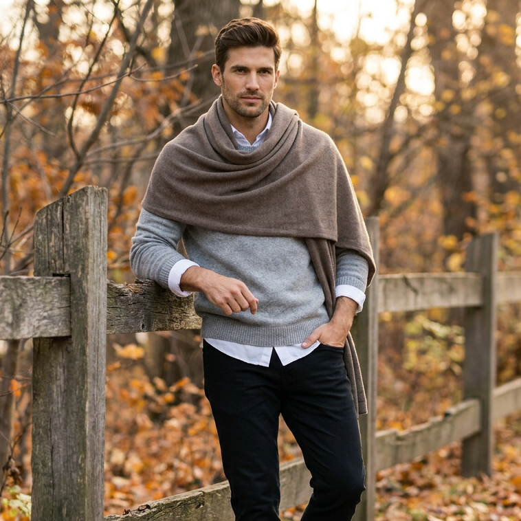 Knitted wide minimalist 100% merino wool scarf - cocoa
