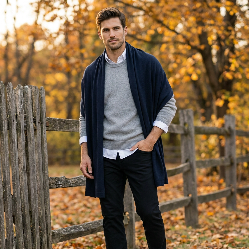 Knitted wide minimalist 100% merino wool scarf - dark blue