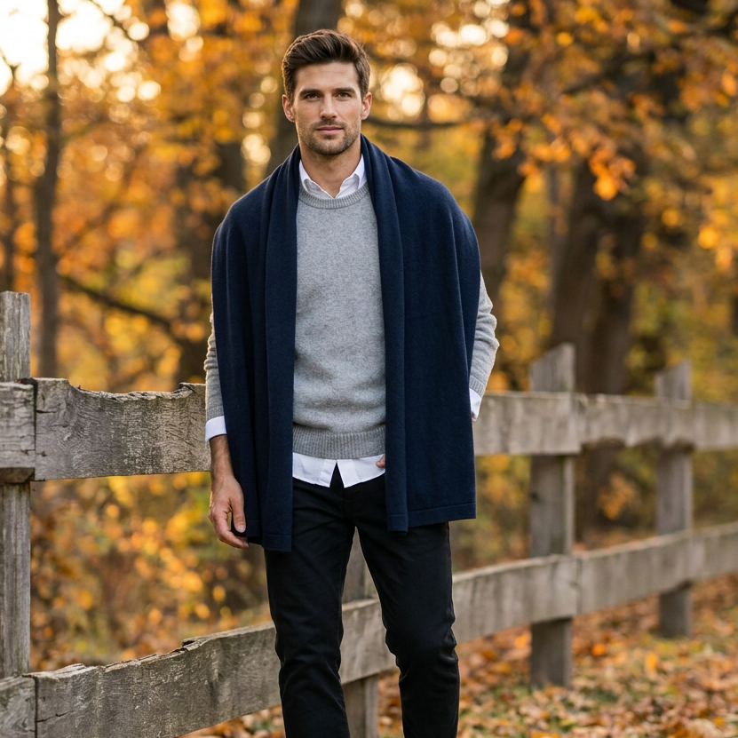 Knitted wide minimalist 100% merino wool scarf - dark blue