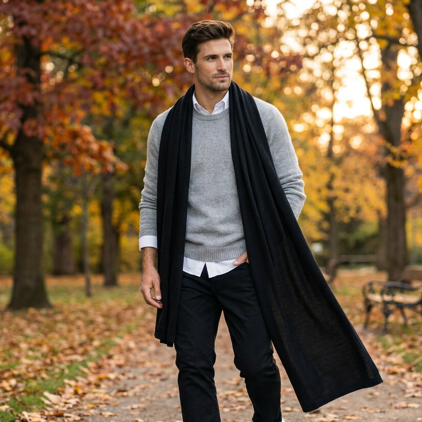 Knitted wide minimalist 100% merino wool scarf - black