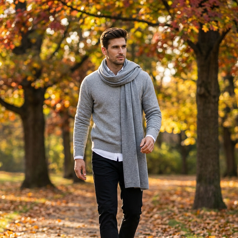 Knitted wide minimalist 100% merino wool scarf - gray