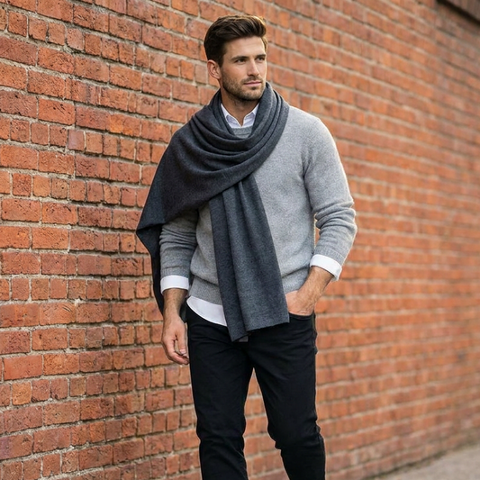 Knitted wide minimalist 100% merino wool scarf - graphite