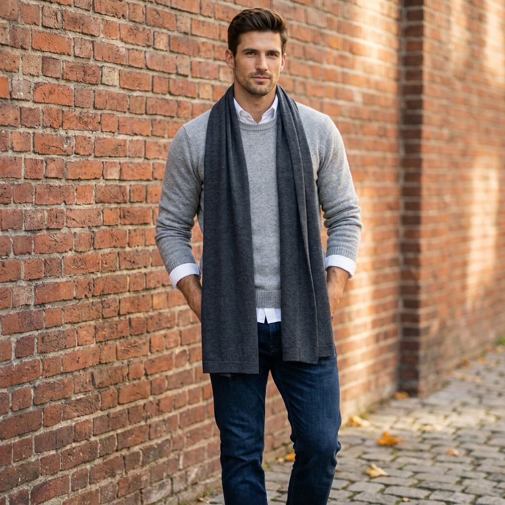 Knitted wide minimalist 100% merino wool scarf - graphite