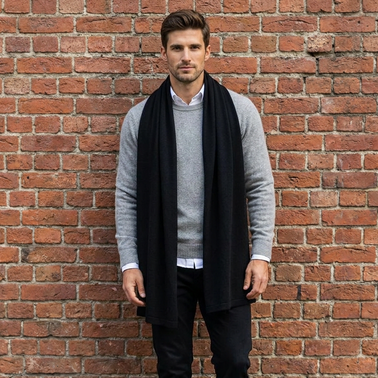 Knitted wide minimalist 100% merino wool scarf - black