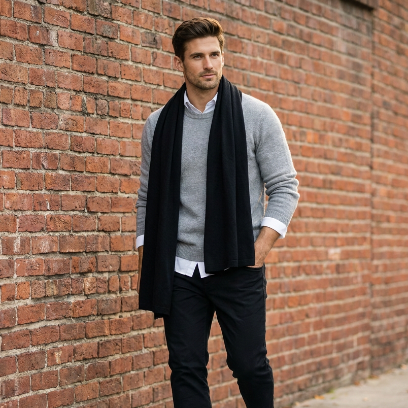 Knitted wide minimalist 100% merino wool scarf - black