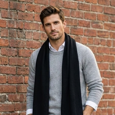 Knitted wide minimalist 100% merino wool scarf - black