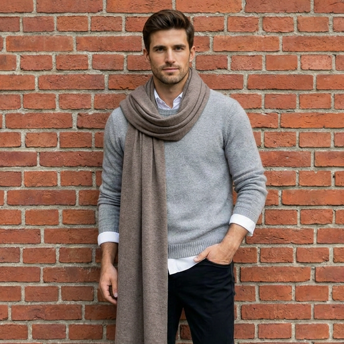 Knitted wide minimalist 100% merino wool scarf - cocoa