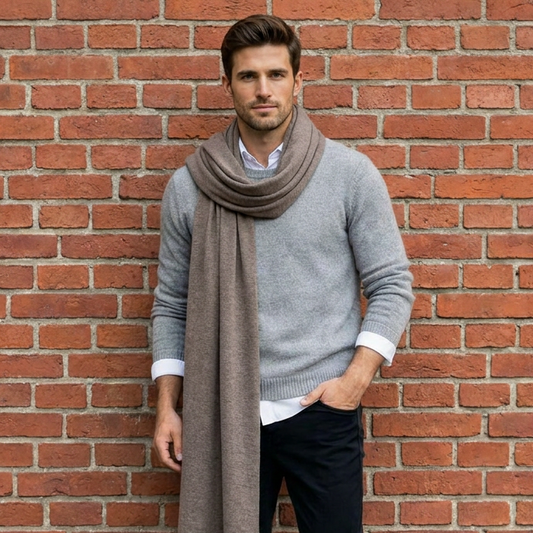 Knitted wide minimalist 100% merino wool scarf - cocoa