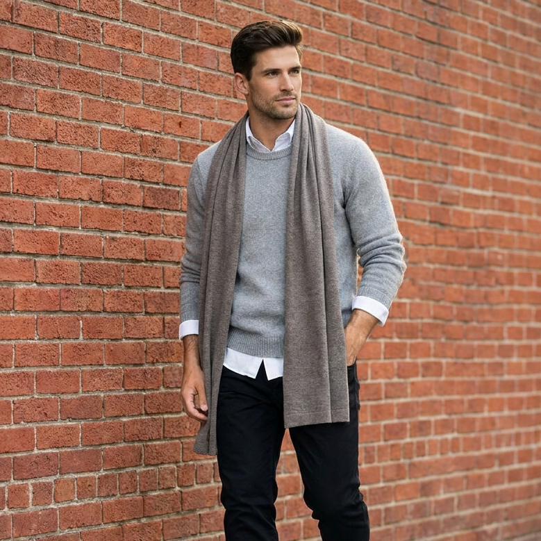 Knitted wide minimalist 100% merino wool scarf - cocoa