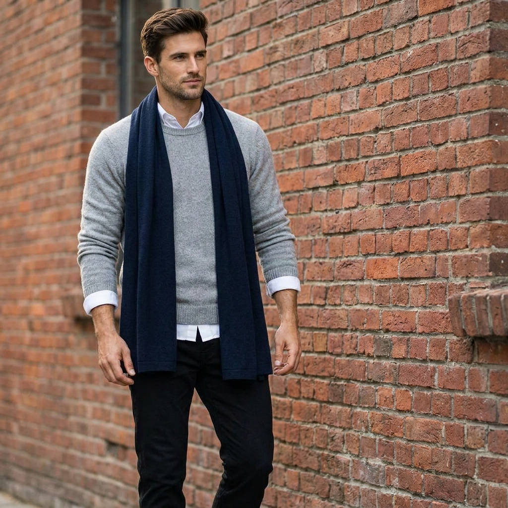 Knitted wide minimalist 100% merino wool scarf - dark blue