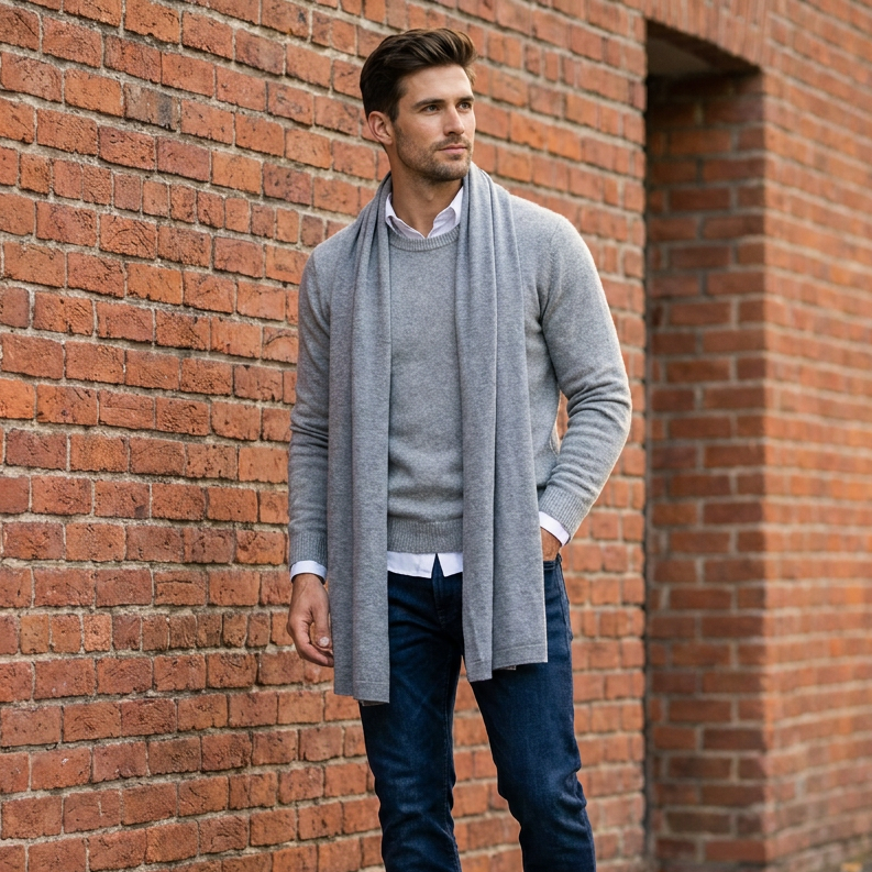 Knitted wide minimalist 100% merino wool scarf - gray