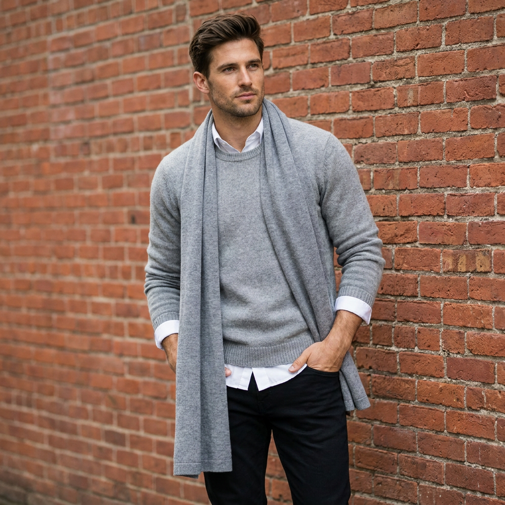 Knitted wide minimalist 100% merino wool scarf - gray