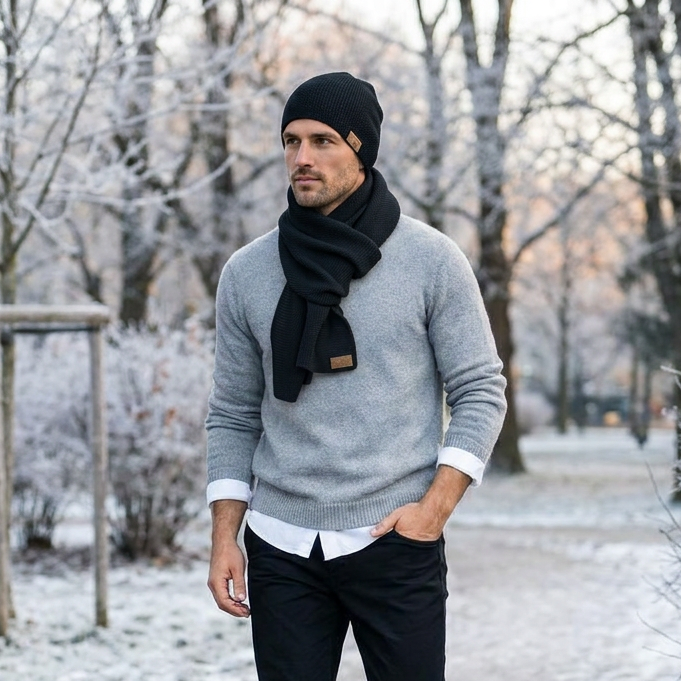 Écharpe et bonnet homme en laine mérinos - noirs