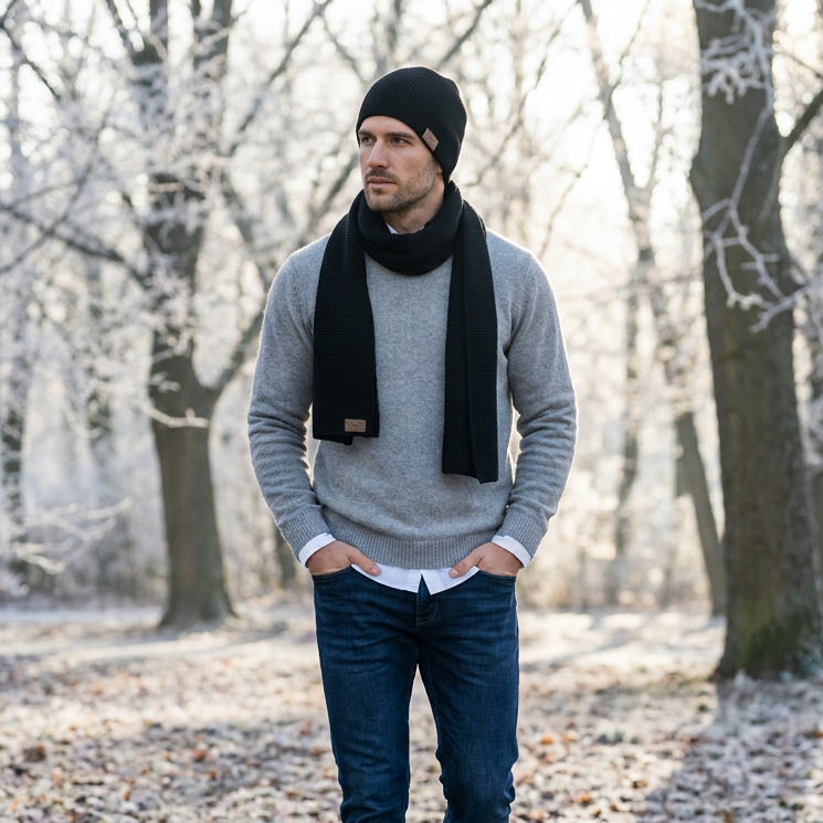 Écharpe et bonnet homme en laine mérinos - noirs