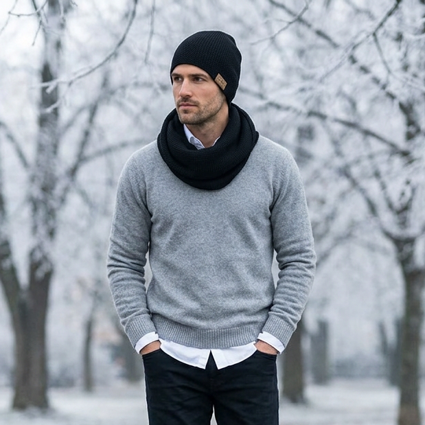 Écharpe et bonnet tube en laine mérinos pour homme - noir