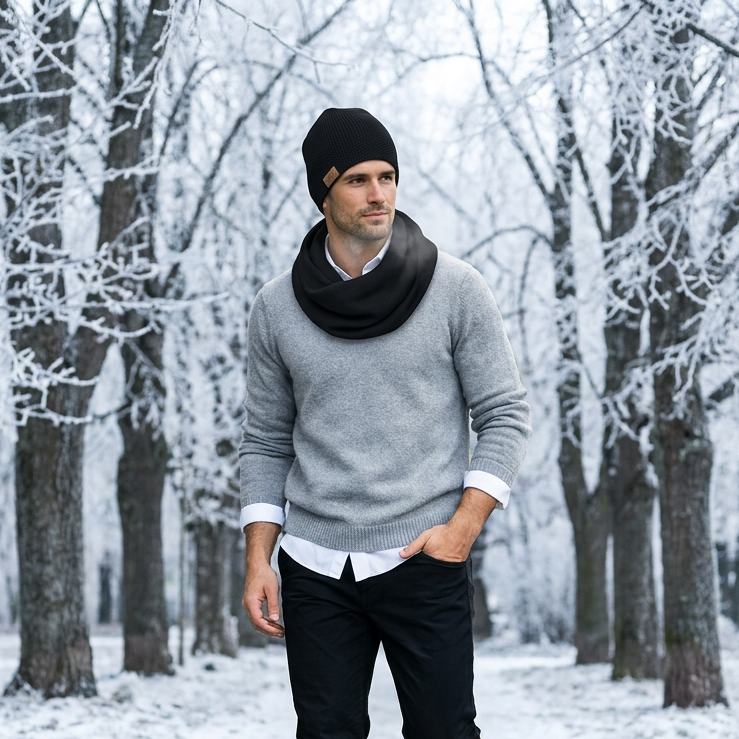 Écharpe et bonnet tube en laine mérinos pour homme - noir