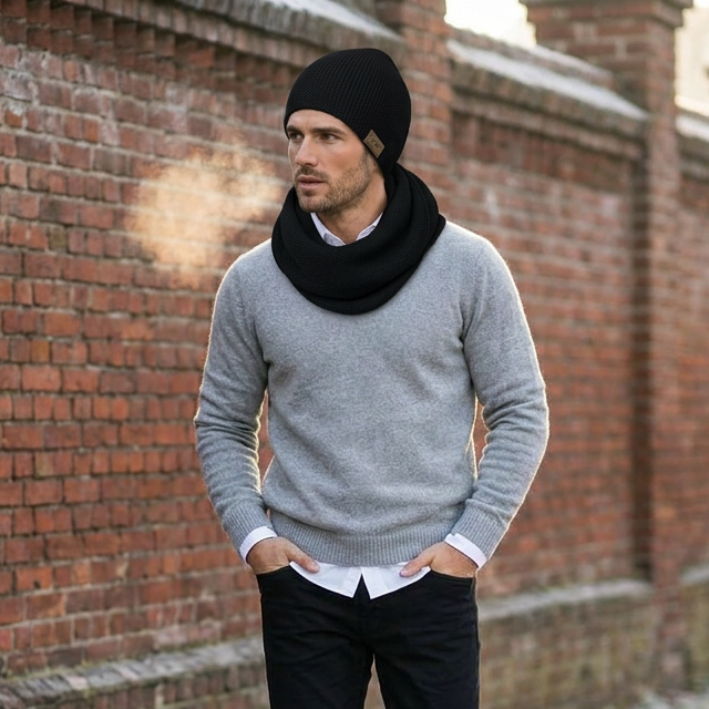Écharpe et bonnet tube en laine mérinos pour homme - noir