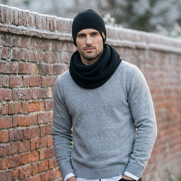 Écharpe et bonnet tube en laine mérinos pour homme - noir