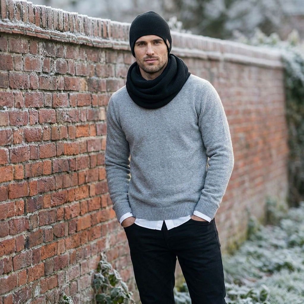Écharpe et bonnet tube en laine mérinos pour homme - noir