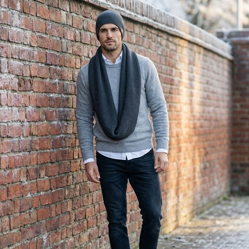 Man merino wool knit infinity scarf and cap - graphite