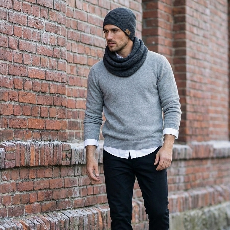 Man merino wool knit infinity scarf and cap - graphite