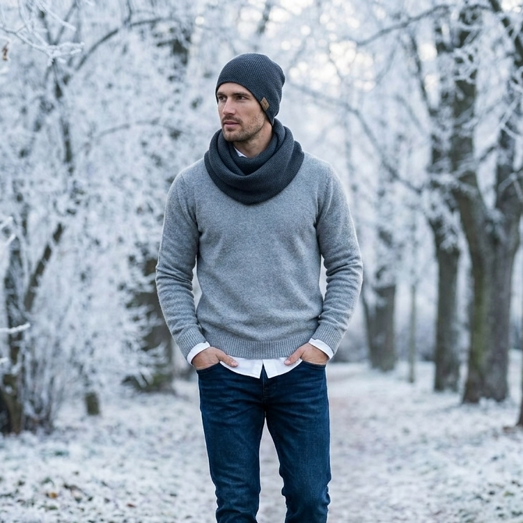 Man merino wool knit infinity scarf and cap - graphite