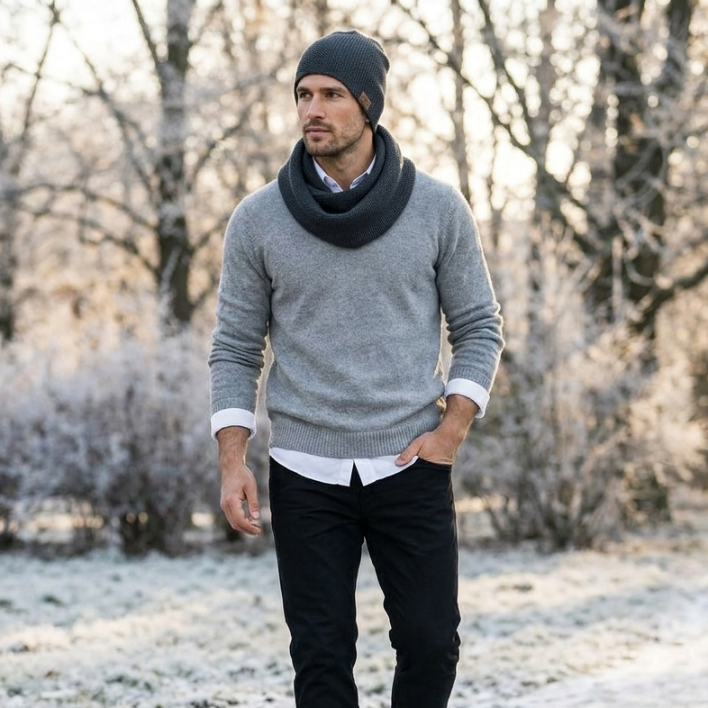 Man merino wool knit infinity scarf and cap - graphite