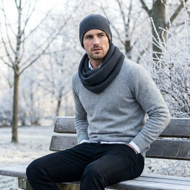 Man merino wool knit infinity scarf and cap - graphite