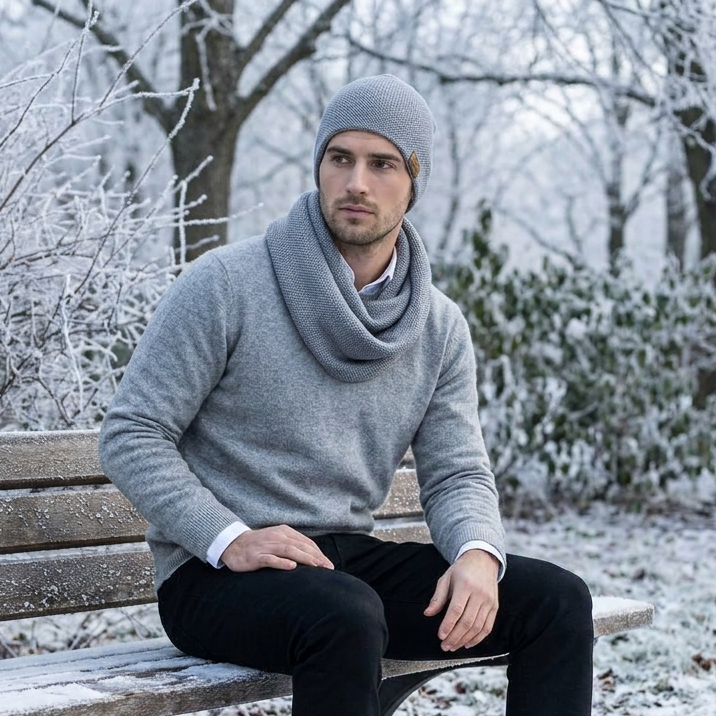 Man merino wool knit infinity scarf and cap - light gray