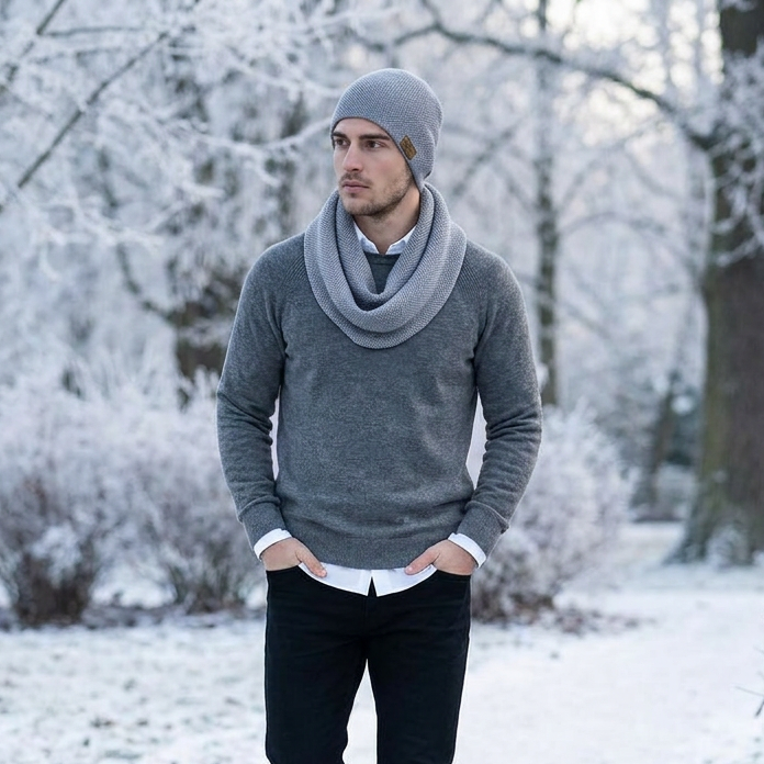 Man merino wool knit infinity scarf and cap - light gray