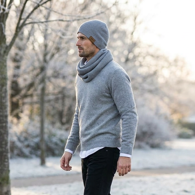 Man merino wool knit infinity scarf and cap - light gray