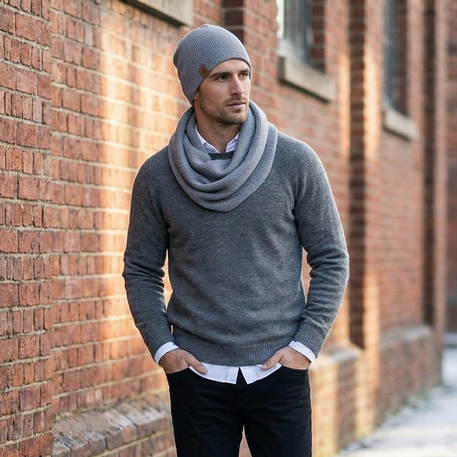 Man merino wool knit infinity scarf and cap - light gray