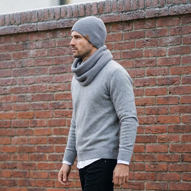 Man merino wool knit infinity scarf and cap - light gray