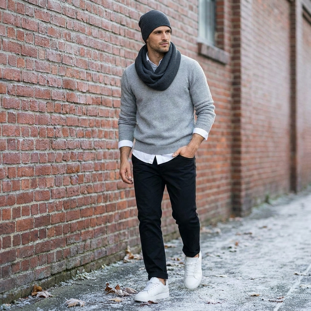 Man merino wool knit infinity scarf and cap - graphite