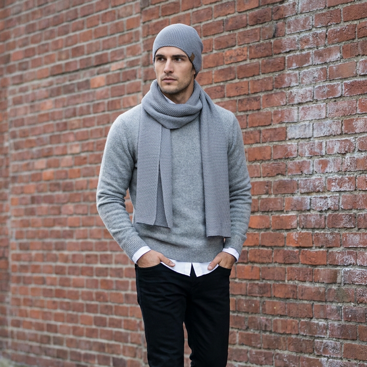 Écharpe et bonnet homme en laine mérinos - gris clair