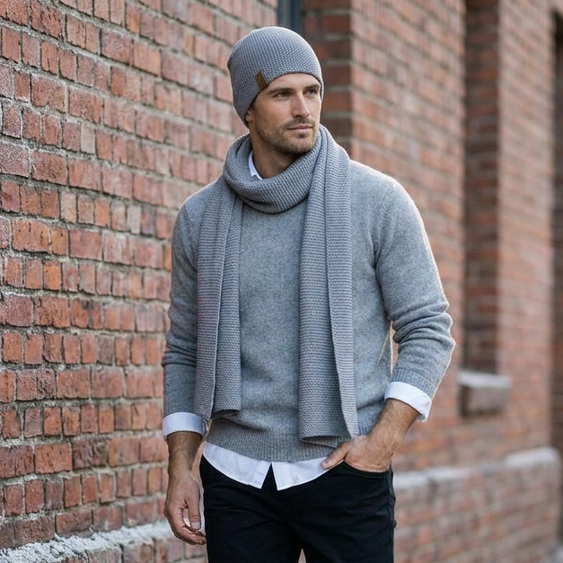 Écharpe et bonnet homme en laine mérinos - gris clair