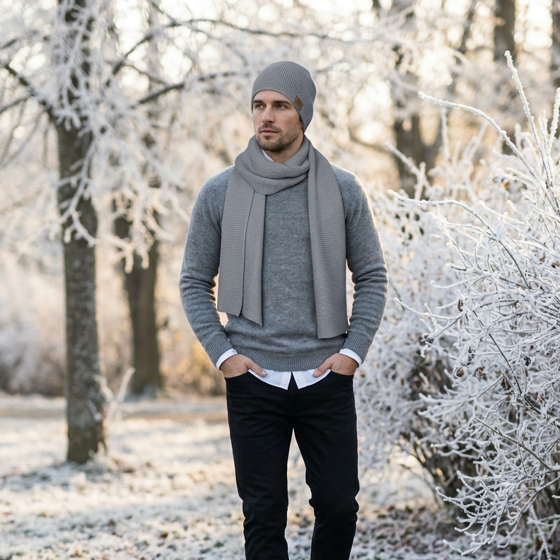 Écharpe et bonnet homme en laine mérinos - gris clair