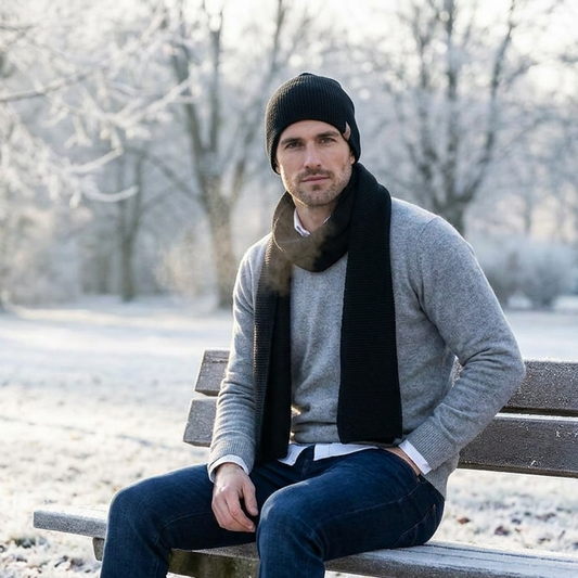 Vyriškas megztas merino vilnos šalikas ir kepurė - juoda