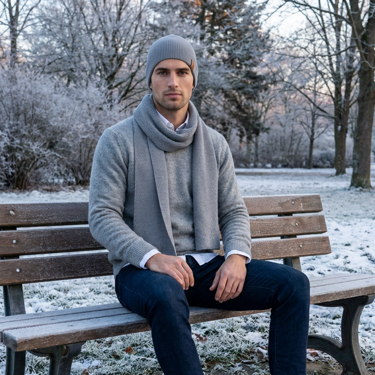 Écharpe et bonnet homme en laine mérinos - gris clair