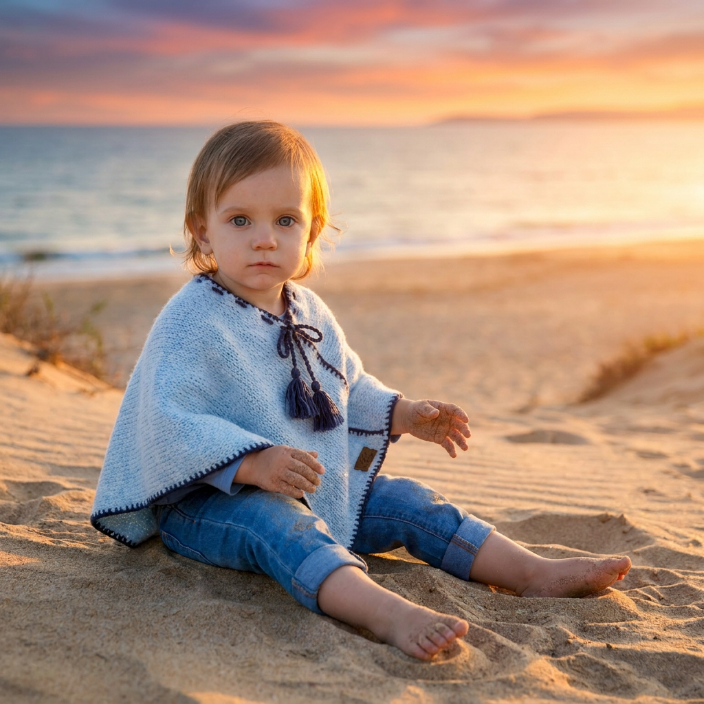 Poncho en laine tricotée à la main pour enfant - bleu clair - TRÈS DOUX
