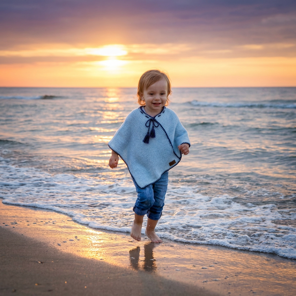 Poncho en laine tricotée à la main pour enfant - bleu clair - TRÈS DOUX