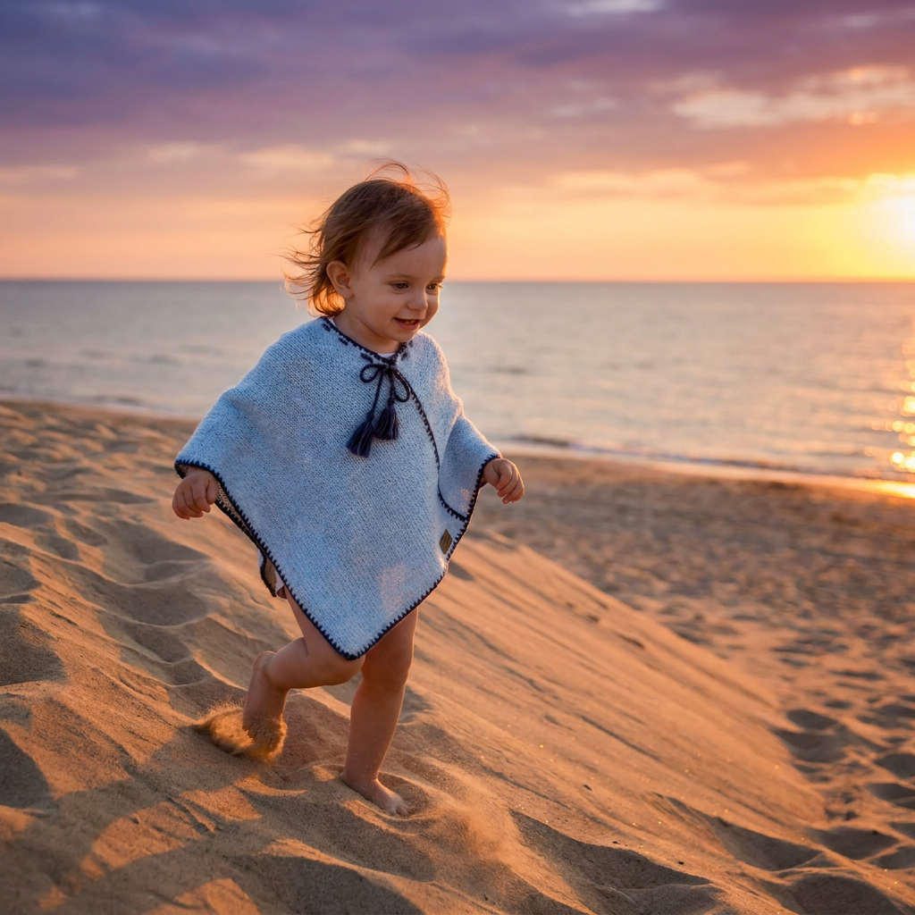 Poncho en laine tricotée à la main pour enfant - bleu clair - TRÈS DOUX