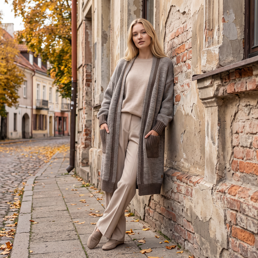 Gilet long en alpaga NATHALIE, bicolore, avec poches, cacao — By AGdesign