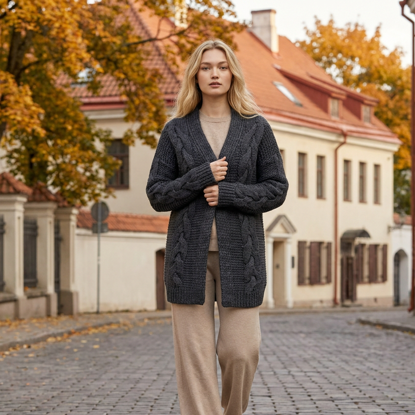NORA oversized chunky cable knit alpaca cardigan, dark gray — By AGdesign