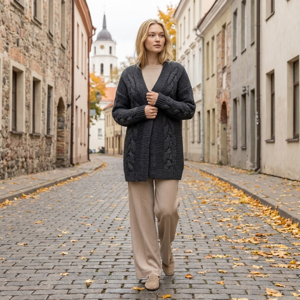NORA oversized chunky cable knit alpaca cardigan, dark gray — By AGdesign
