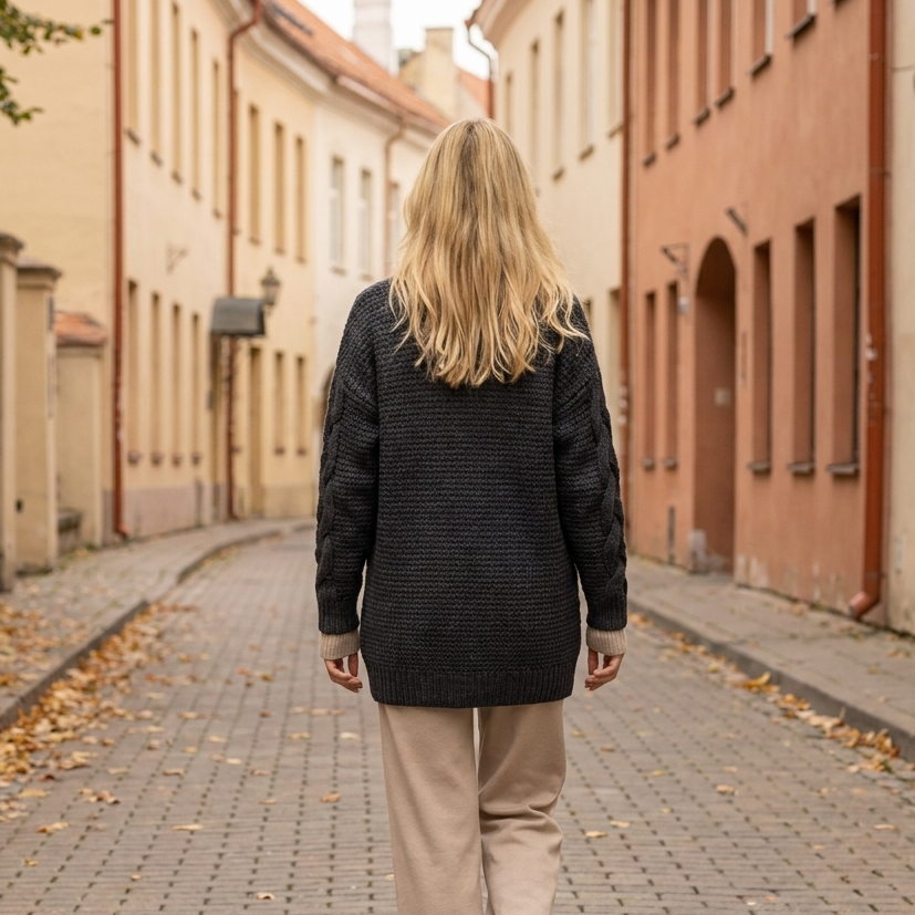 NORA oversized chunky cable knit alpaca cardigan, dark gray — By AGdesign